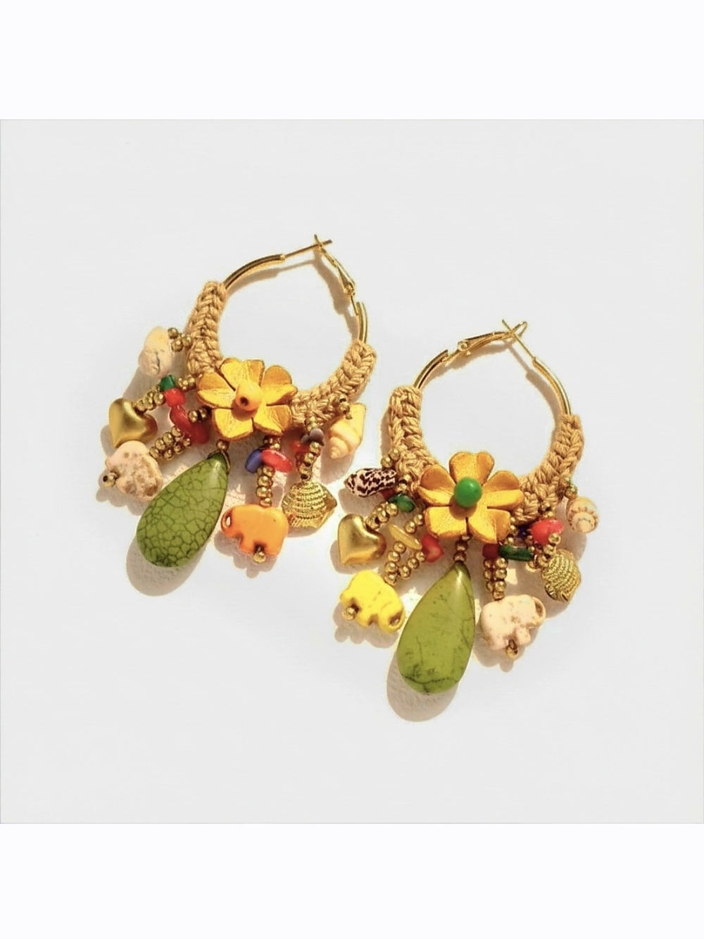 Boho Green and Yellow Flower Hoop Earrings